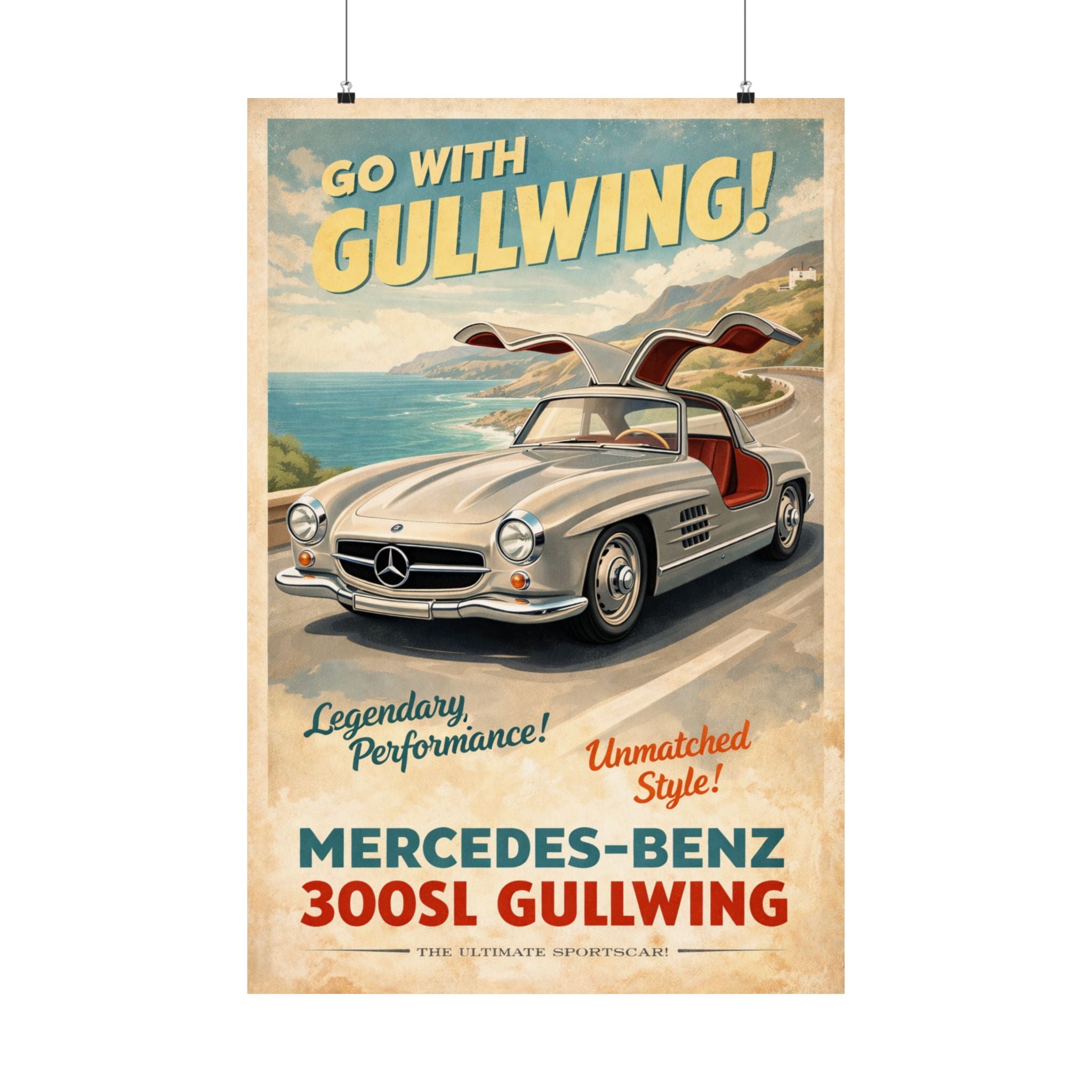 Mercedes 300SL Gullwing Matte Vertical Poster — Vintage Advertising Art